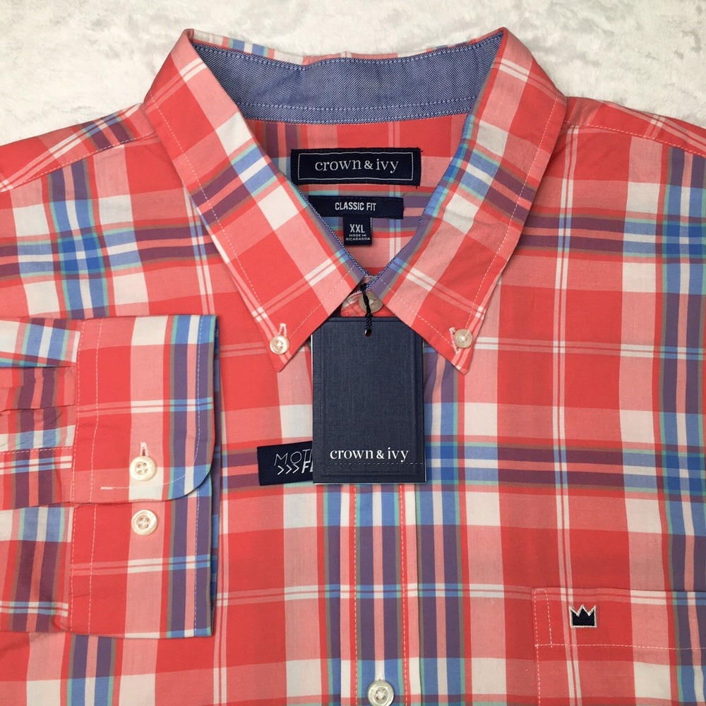 Crown & Ivy Dress Shirt Mens XXL Pink Blue Plaid Motion Flex Long Sleeve NWT!